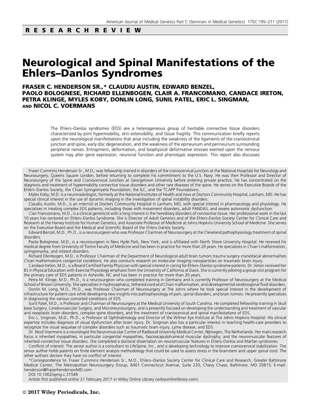 Neurological and Spinal Manifestations of the Ehlers-Danlos