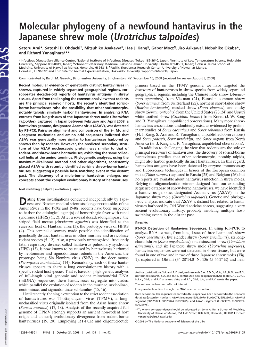 Molecular Phylogeny of a Newfound Hantavirus in the Japanese Shrew Mole (Urotrichus Talpoides)