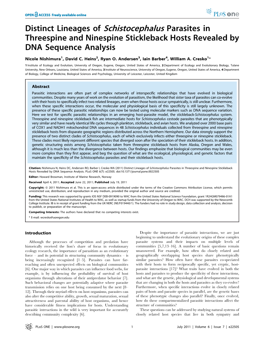 Distinct Lineages of Schistocephalus Parasites in Threespine and Ninespine Stickleback Hosts Revealed by DNA Sequence Analysis