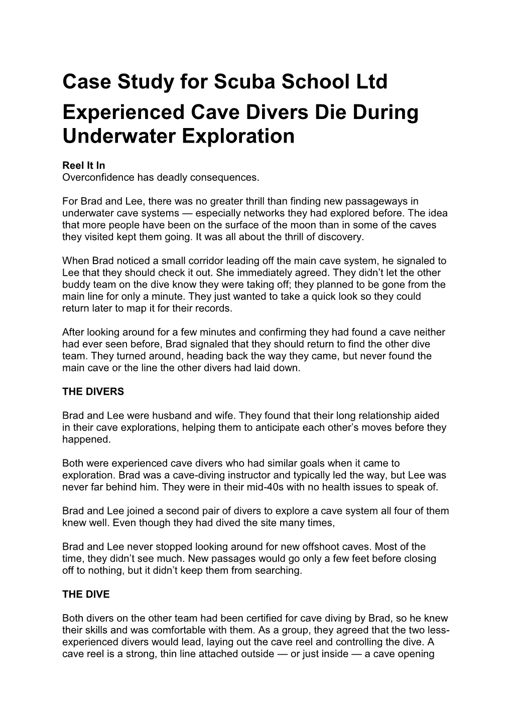 Case Study for Scuba School Ltd Experienced Cave Divers Die During Underwater Exploration