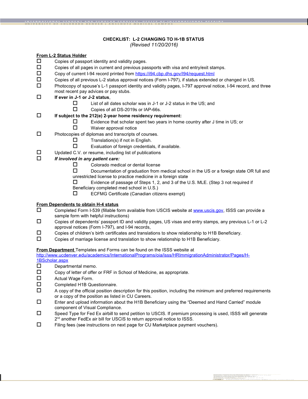 Checklist: L-2 Changing to H-1B Status