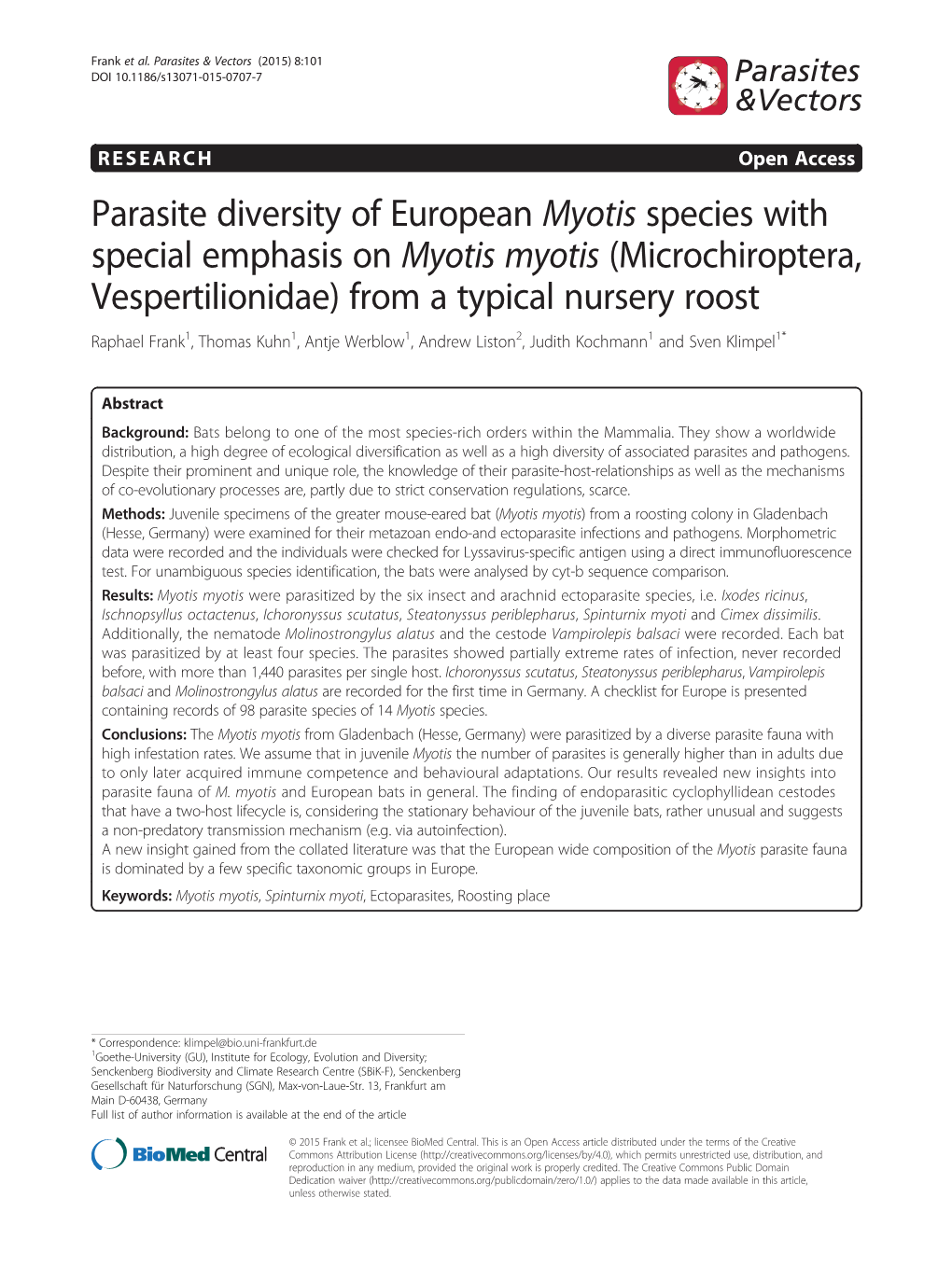 Parasite Diversity of European Myotis Species with Special Emphasis On