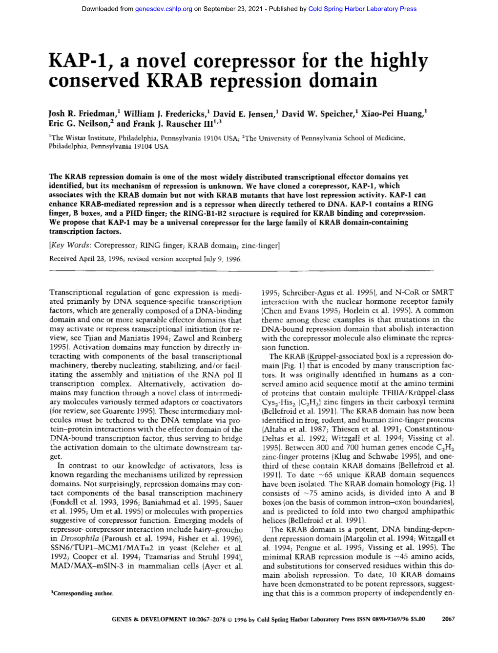 KAP-1, a Novel Corepressor for the Highly Conserved KRAB Repression Domain