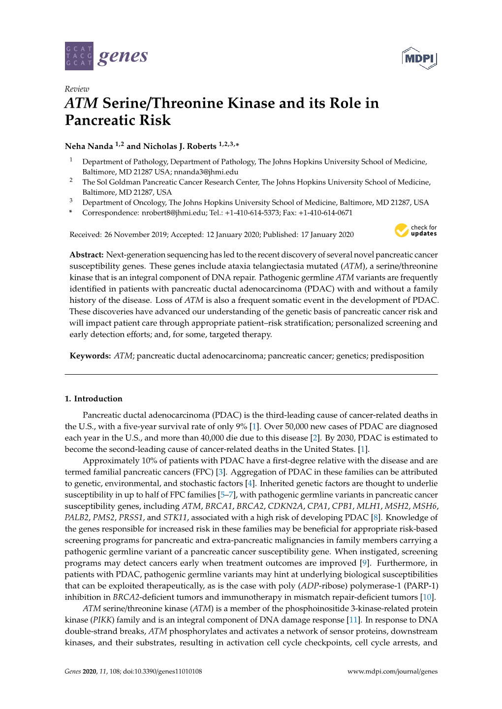 ATM Serine/Threonine Kinase and Its Role in Pancreatic Risk