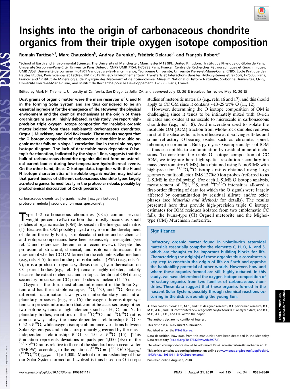 Insights Into the Origin of Carbonaceous Chondrite Organics from Their Triple Oxygen Isotope Composition