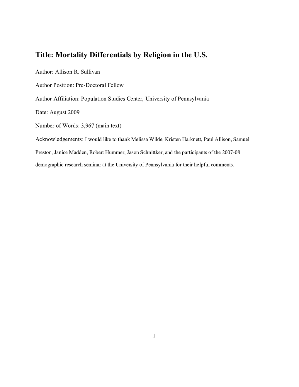 Mortality Differentials by Religion in the U.S