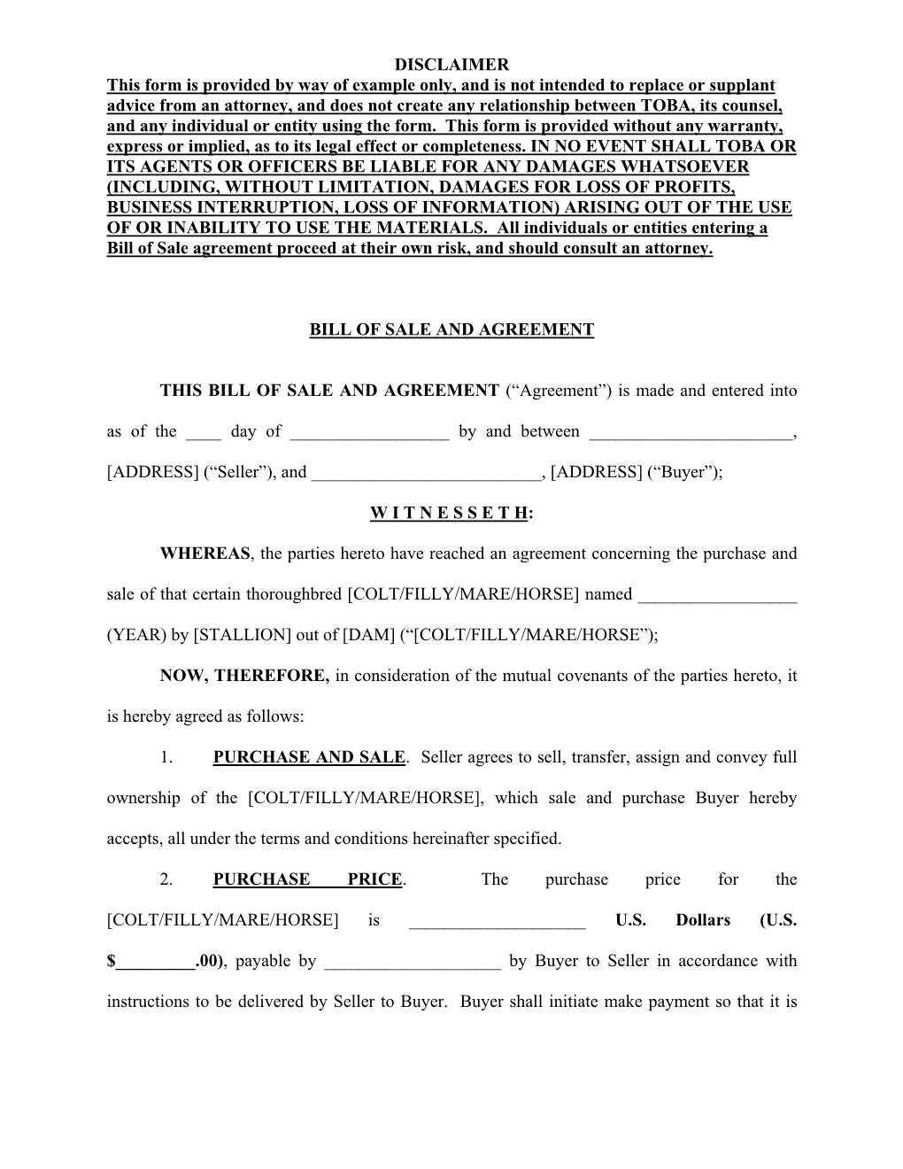 Bill of Sale and Agreement