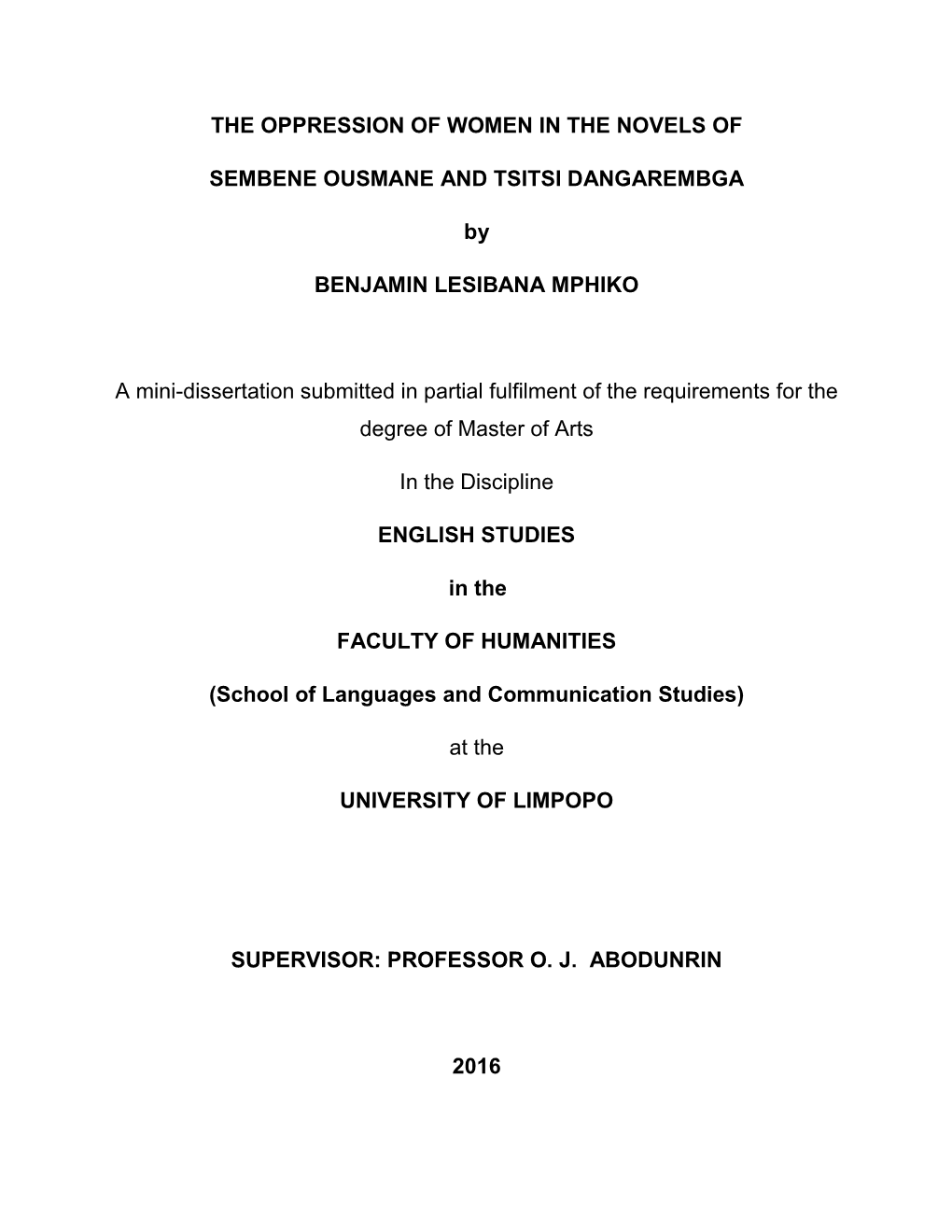 The Oppression of Women in the Novels of Sembene