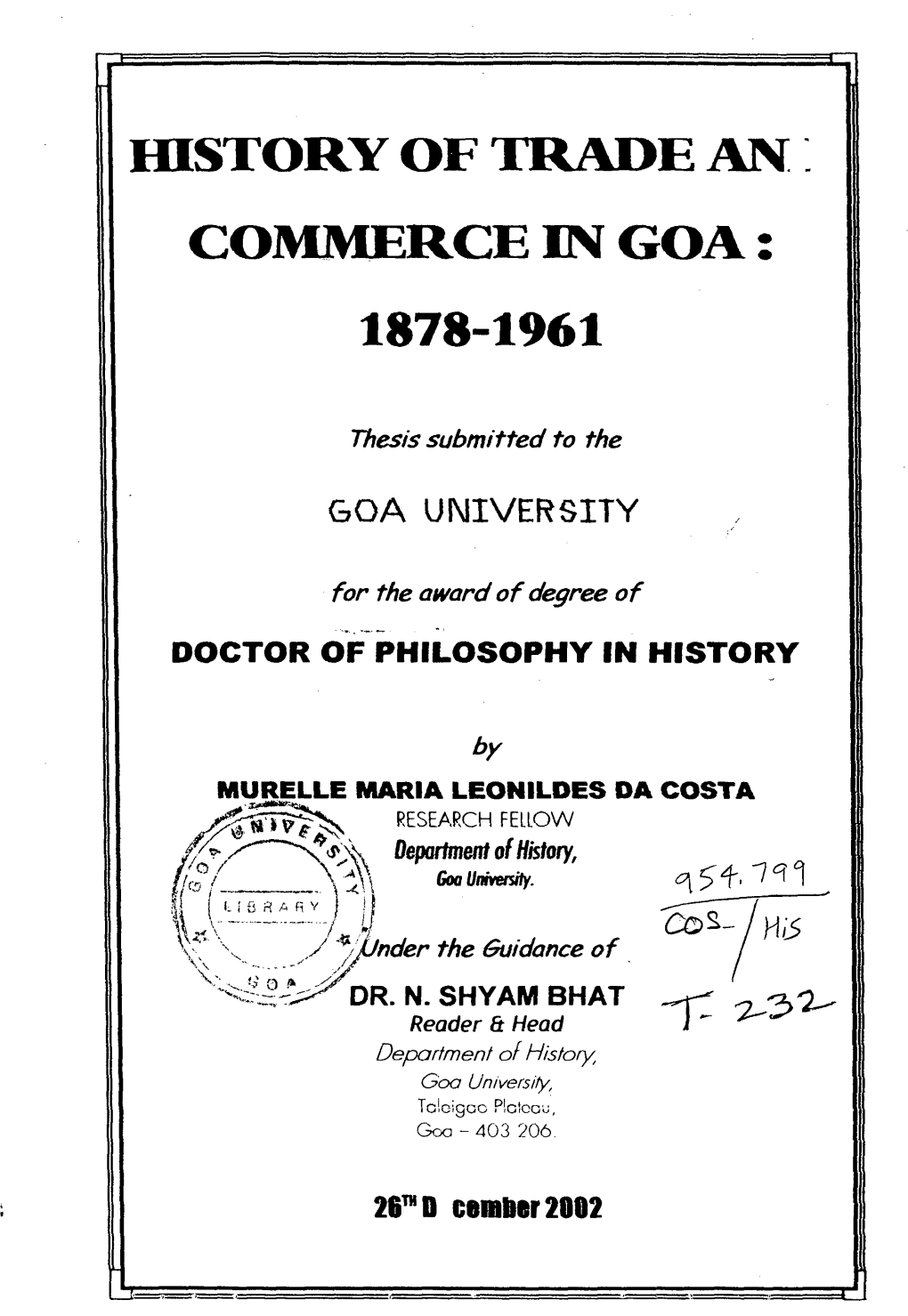 History of Trade an Commerce in Goa 1878-1961