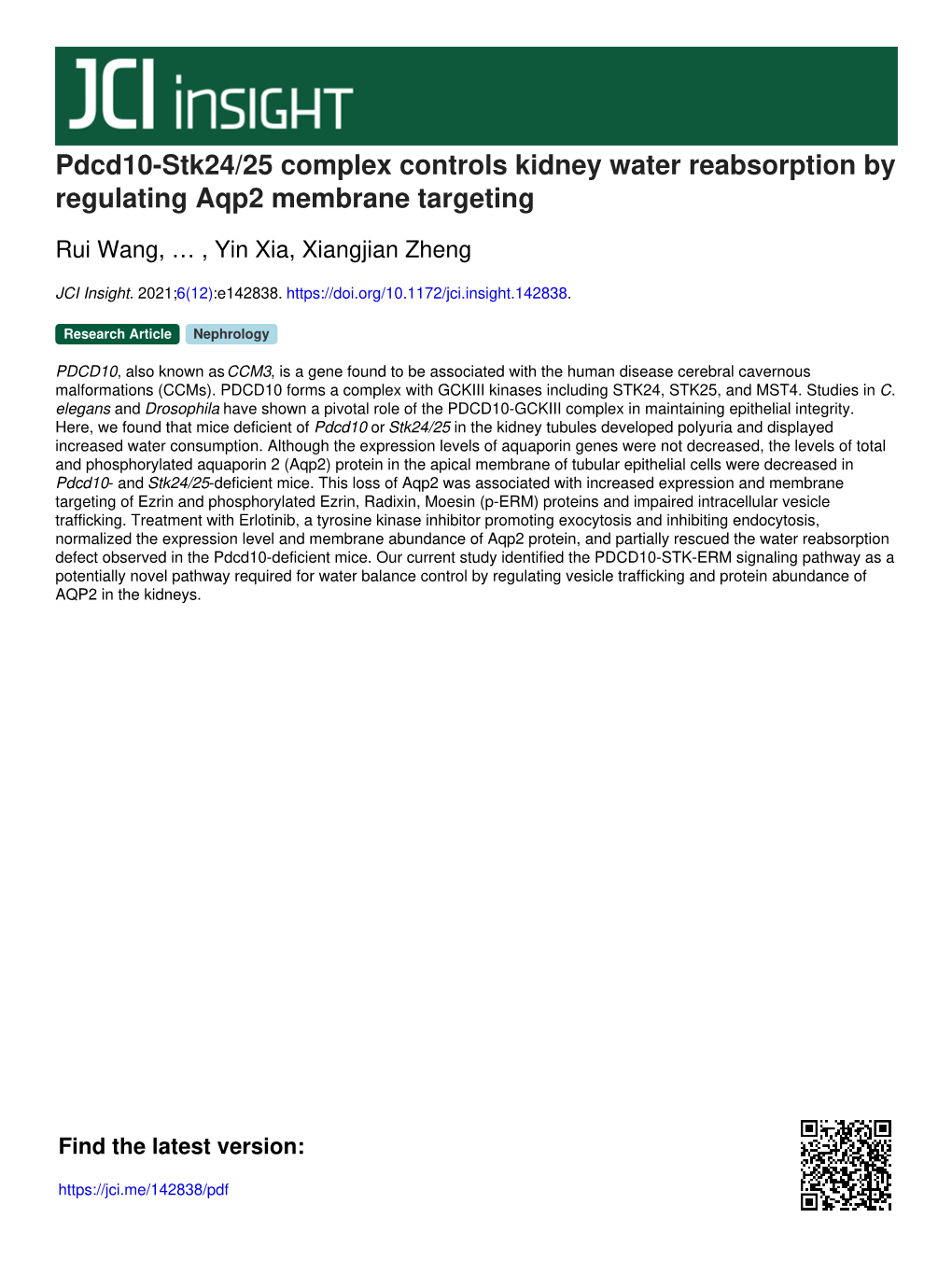 Pdcd10-Stk24/25 Complex Controls Kidney Water Reabsorption by Regulating Aqp2 Membrane Targeting