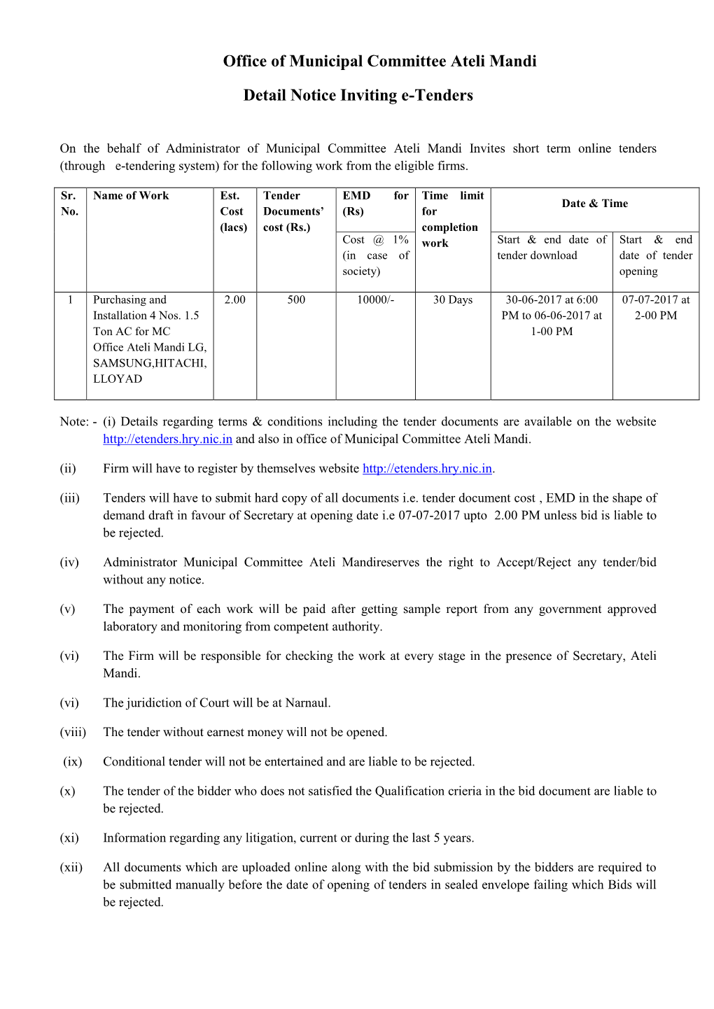 Office of Municipal Committee Ateli Mandi Detail Notice Inviting E