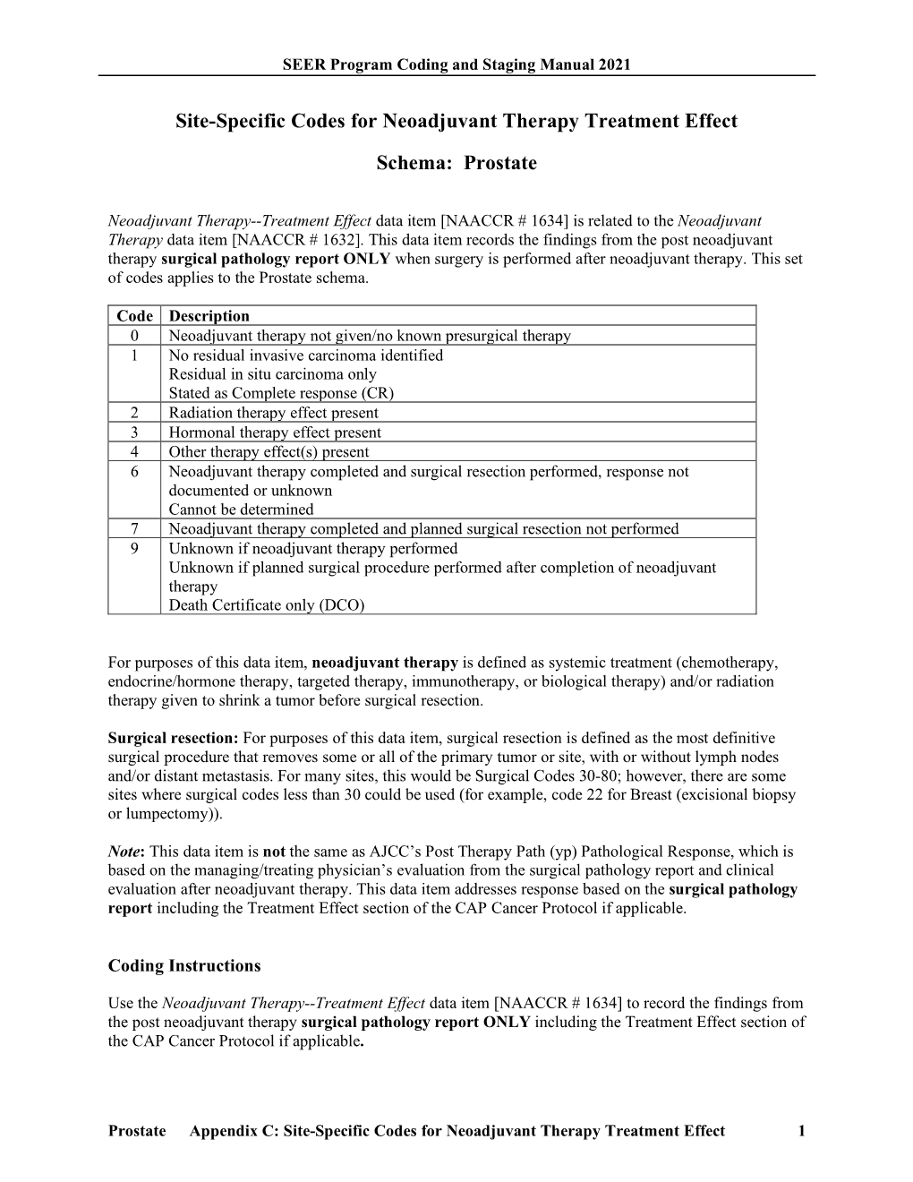 Site-Specific Codes for Neoadjuvant Therapy Treatment Effect 1 SEER Program Coding and Staging Manual 2021