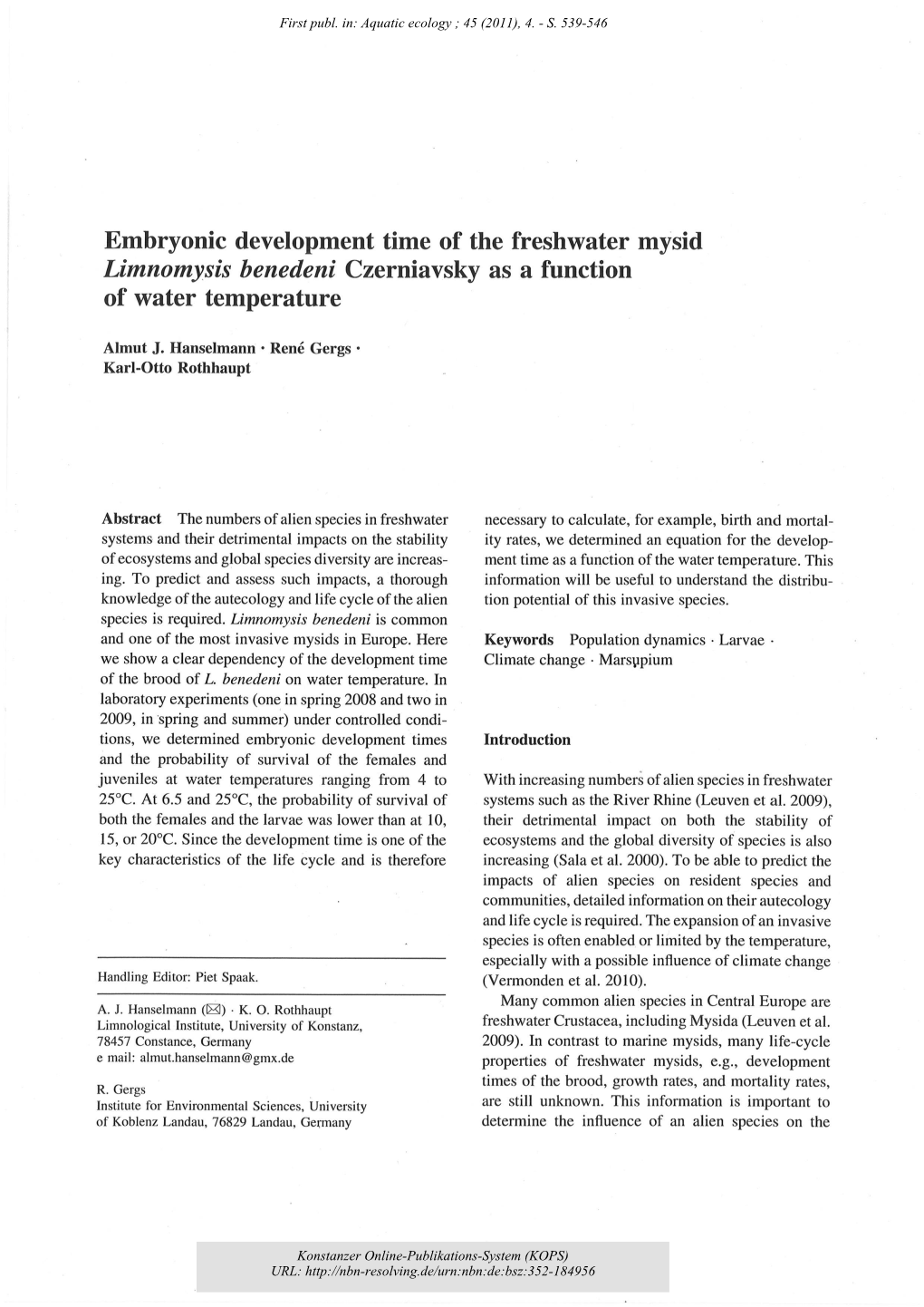 Embryonic Development Time of the Freshwater Mysid Limnomysis Benedeni Czerniavsky As a Function of Water Temperature