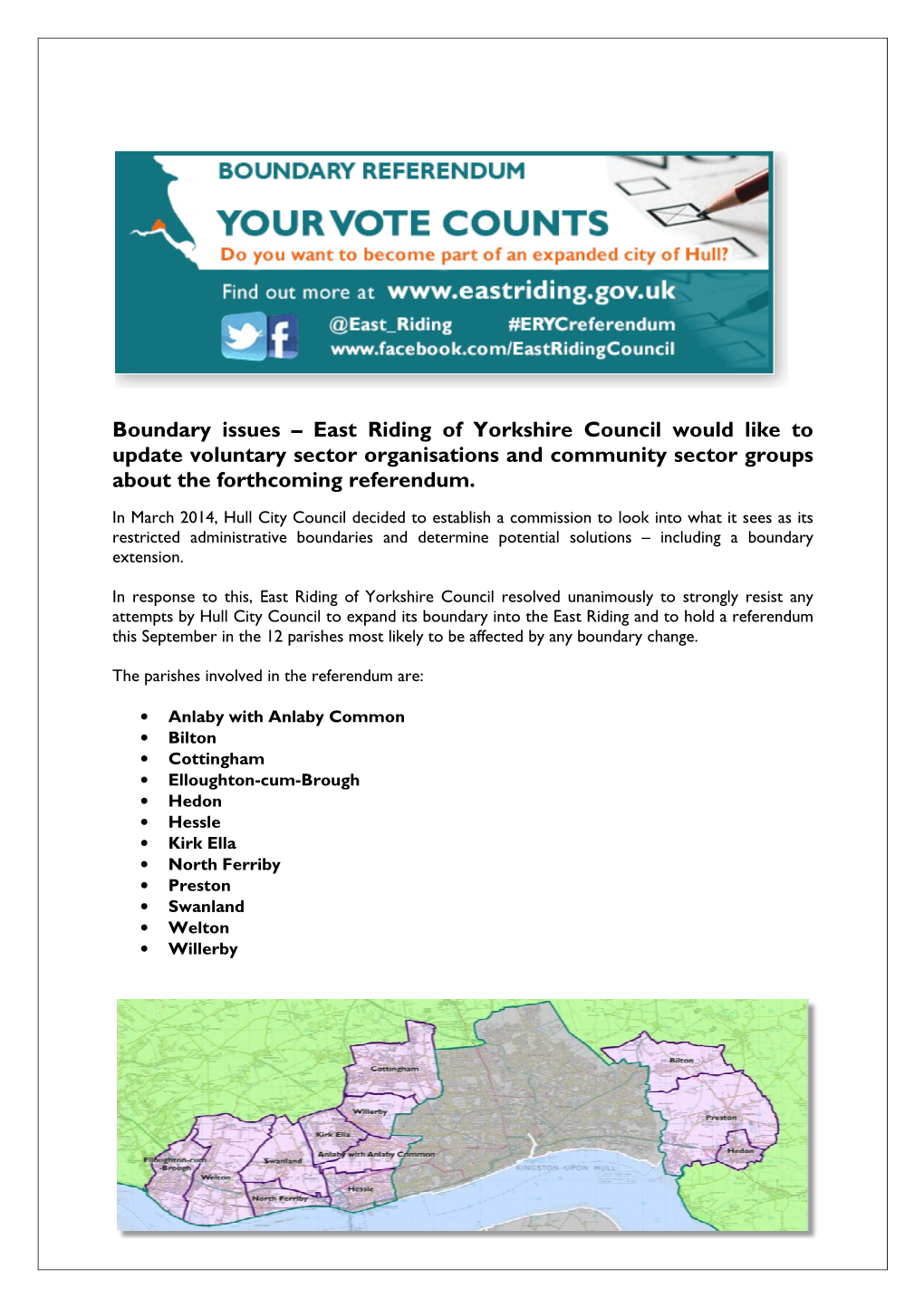 Boundary Issues – East Riding of Yorkshire Council Would Like to Update Voluntary Sector Organisations and Community Sector Groups About the Forthcoming Referendum
