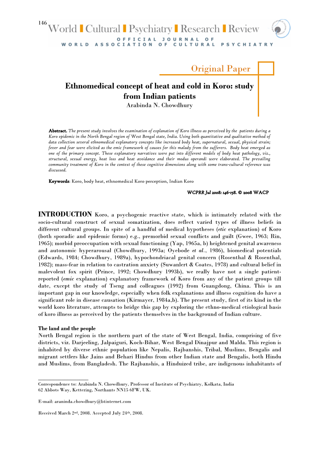 Ethnomedical Concept of Heat and Cold in Koro: Study from Indian Patients Arabinda N