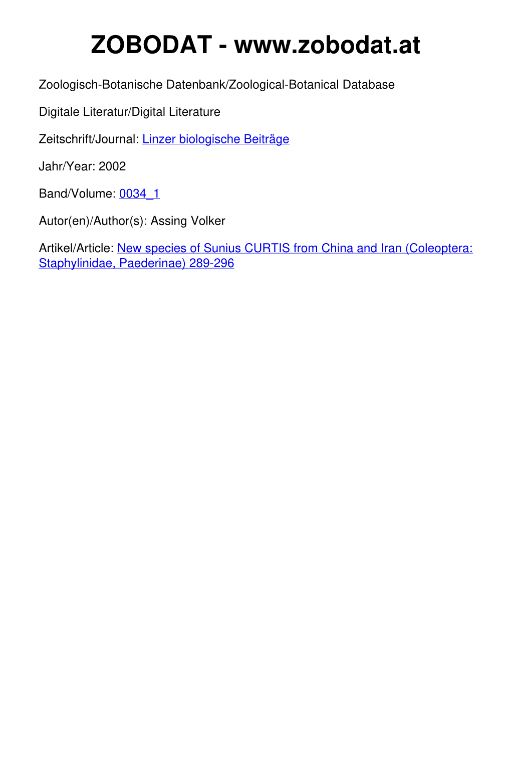 New Species of Sunius CURTIS from China and Iran (Coleoptera: Staphylinidae, Paederinae) 289-296 © Biologiezentrum Linz/Austria; Download Unter