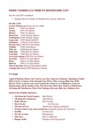 Eddie Vedder (U2) Tribute Repertoire List