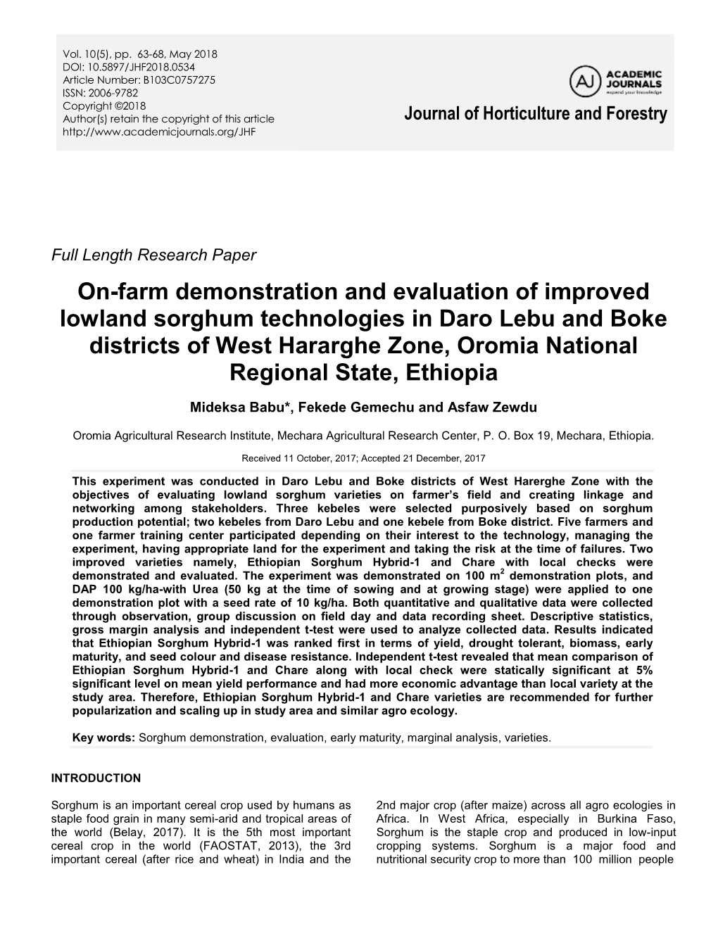 On-Farm Demonstration and Evaluation of Improved Lowland Sorghum