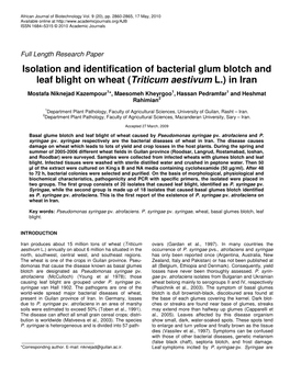 Isolation and Identification of Bacterial Glum Blotch and Leaf Blight on Wheat (Triticum Aestivum L.) in Iran