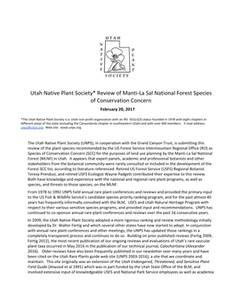Utah Native Plant Society* Review of Manti-La Sal National Forest Species of Conservation Concern February 20, 2017