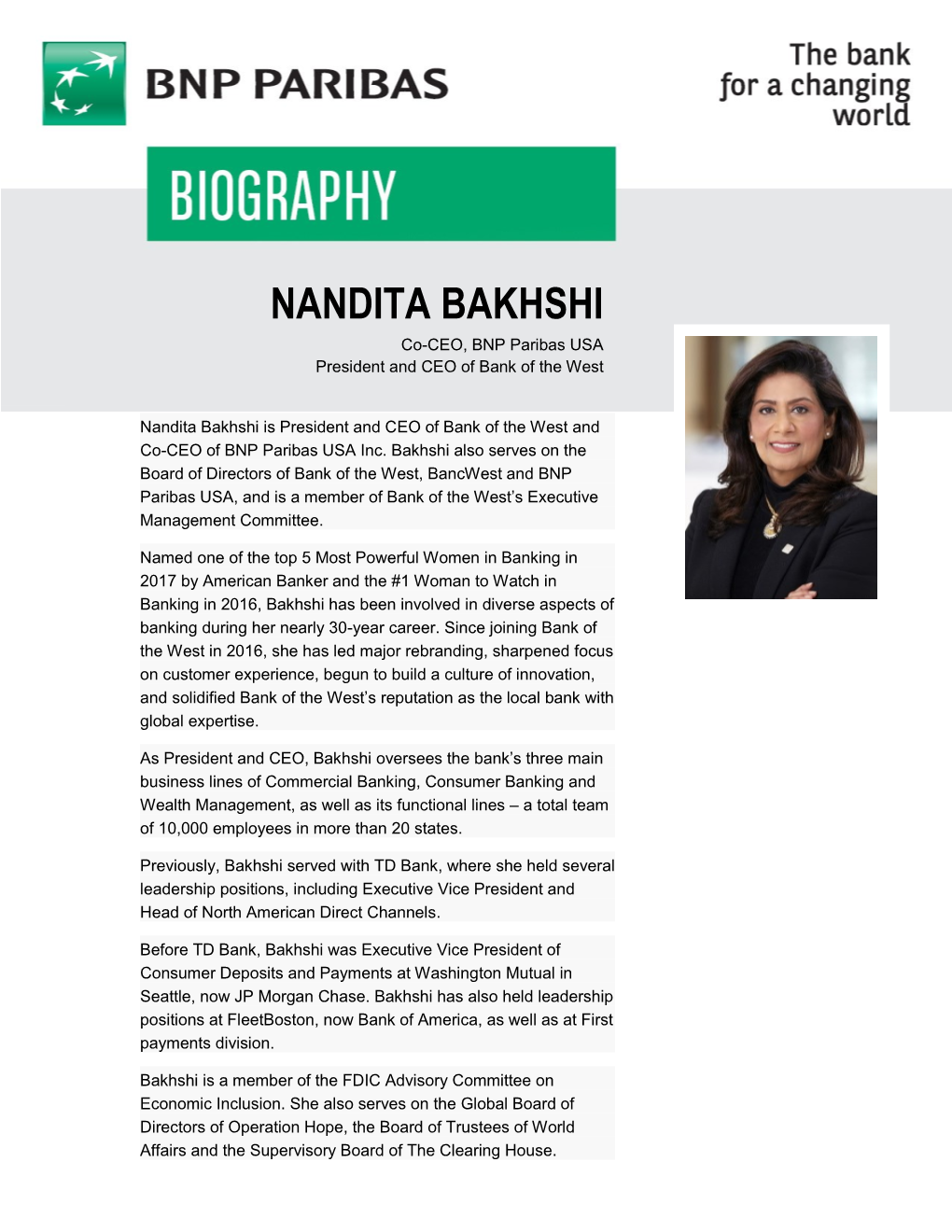 NANDITA BAKHSHI Co-CEO, BNP Paribas USA President and CEO of Bank of the West