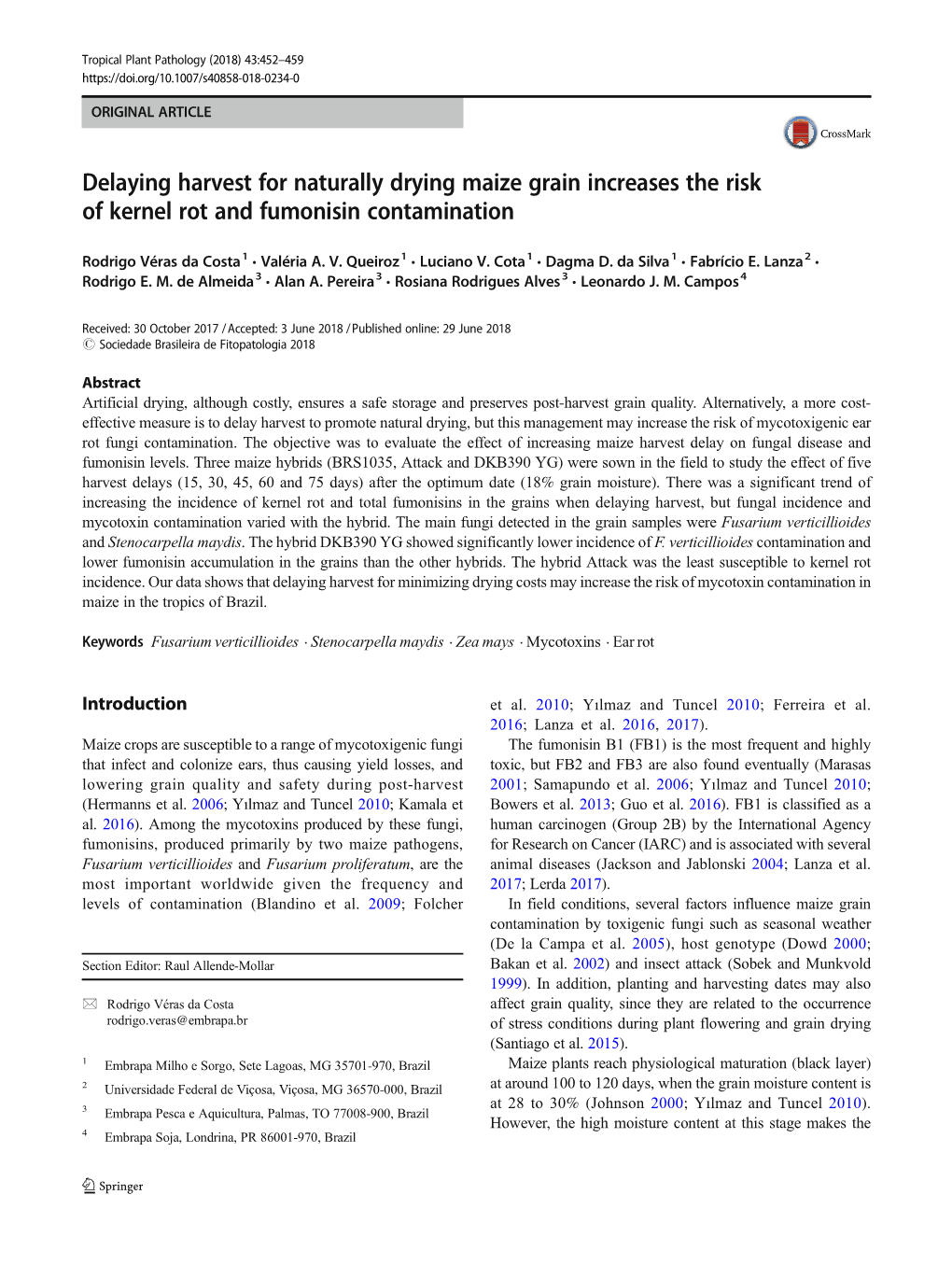 Delaying Harvest for Naturally Drying Maize Grain Increases the Risk of Kernel Rot and Fumonisin Contamination