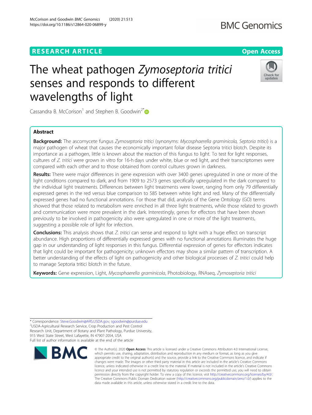 The Wheat Pathogen Zymoseptoria Tritici Senses and Responds to Different Wavelengths of Light Cassandra B
