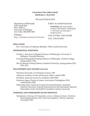 Curriculum Vitae (Abbreviated) KENDALL L. WALTON