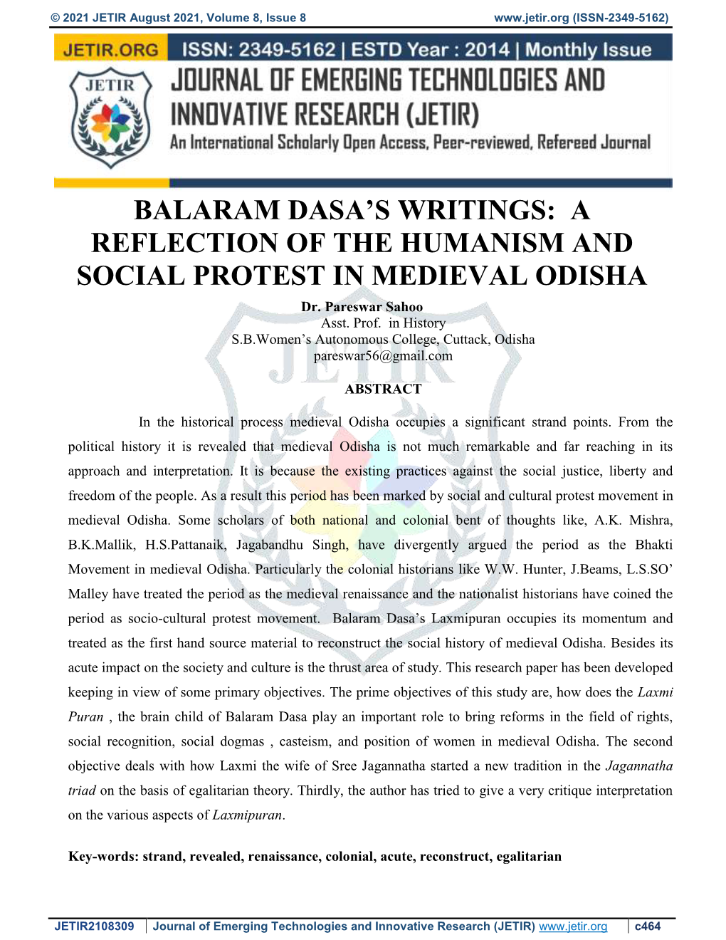 A REFLECTION of the HUMANISM and SOCIAL PROTEST in MEDIEVAL ODISHA Dr