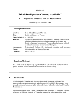 British Intelligence on Yemen, C.1940-1967