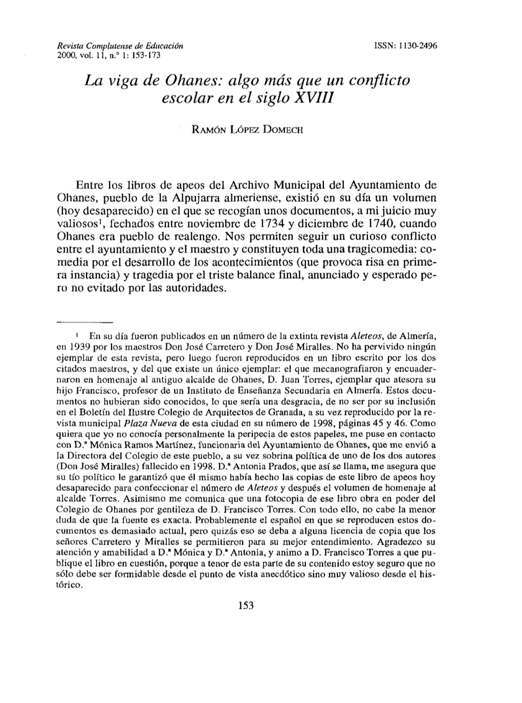 La Viga De Ohanes: Algo Más Que Un Conflicto Escolar En El Siglo XVIII