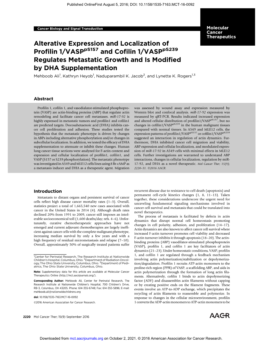 Alterative Expression and Localization of Profilin 1/VASP and Cofilin 1