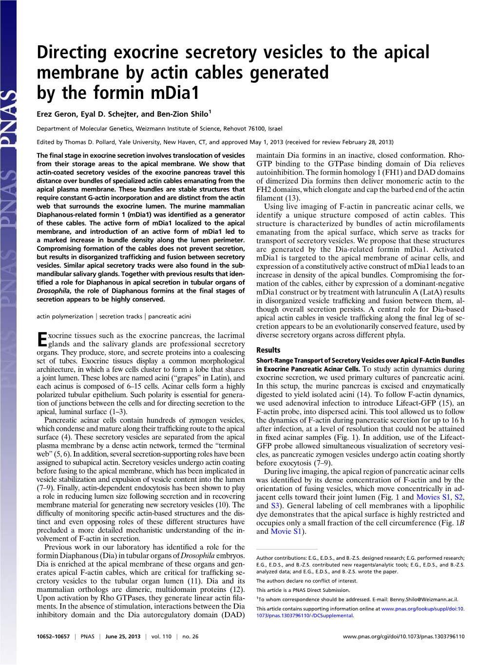 Directing Exocrine Secretory Vesicles to the Apical Membrane by Actin Cables Generated by the Formin Mdia1