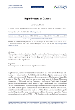 Raphidioptera of Canada 383 Doi: 10.3897/Zookeys.819.26626 REVIEW ARTICLE Launched to Accelerate Biodiversity Research