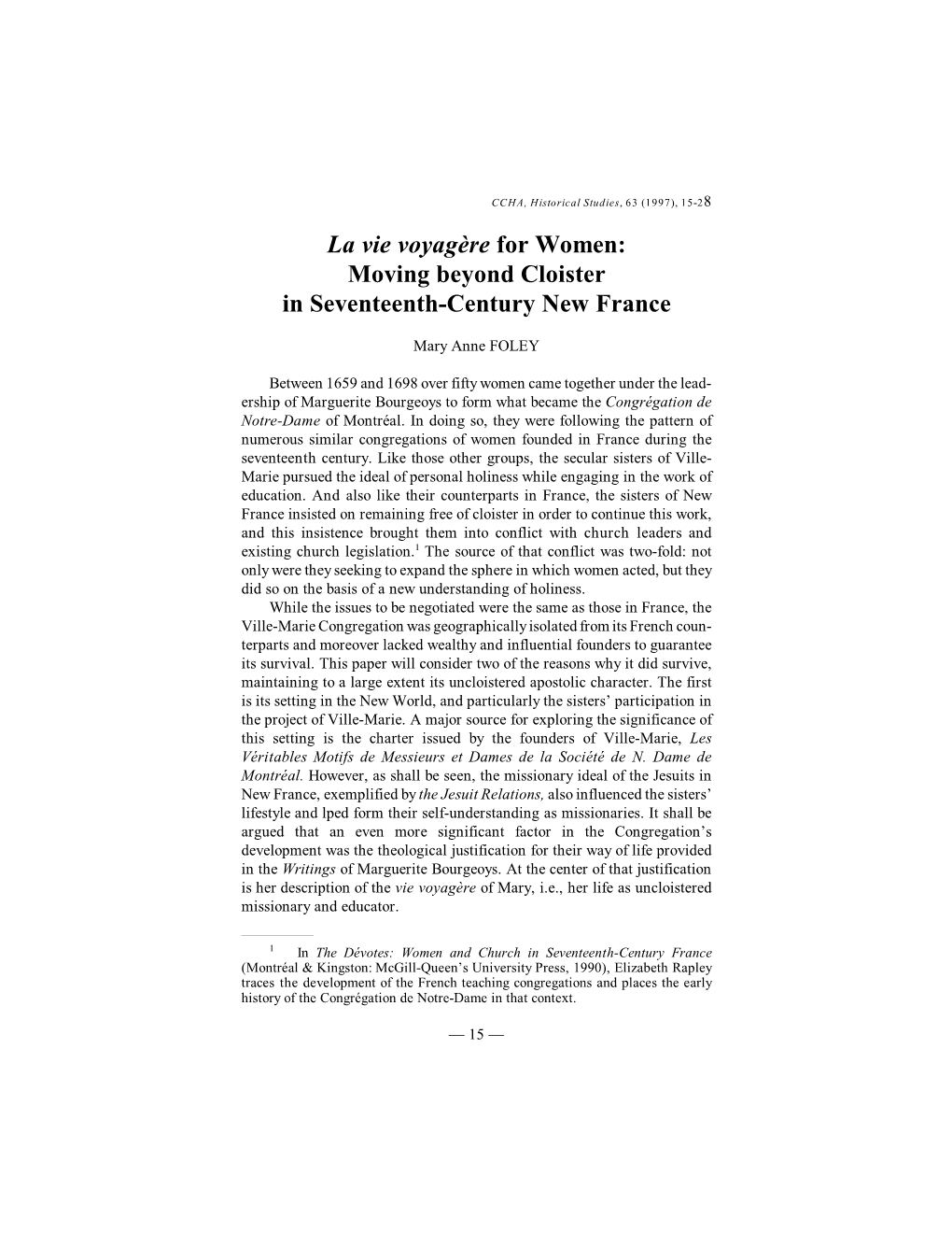 La Vie Voyagère for Women: Moving Beyond Cloister in Seventeenth-Century New France