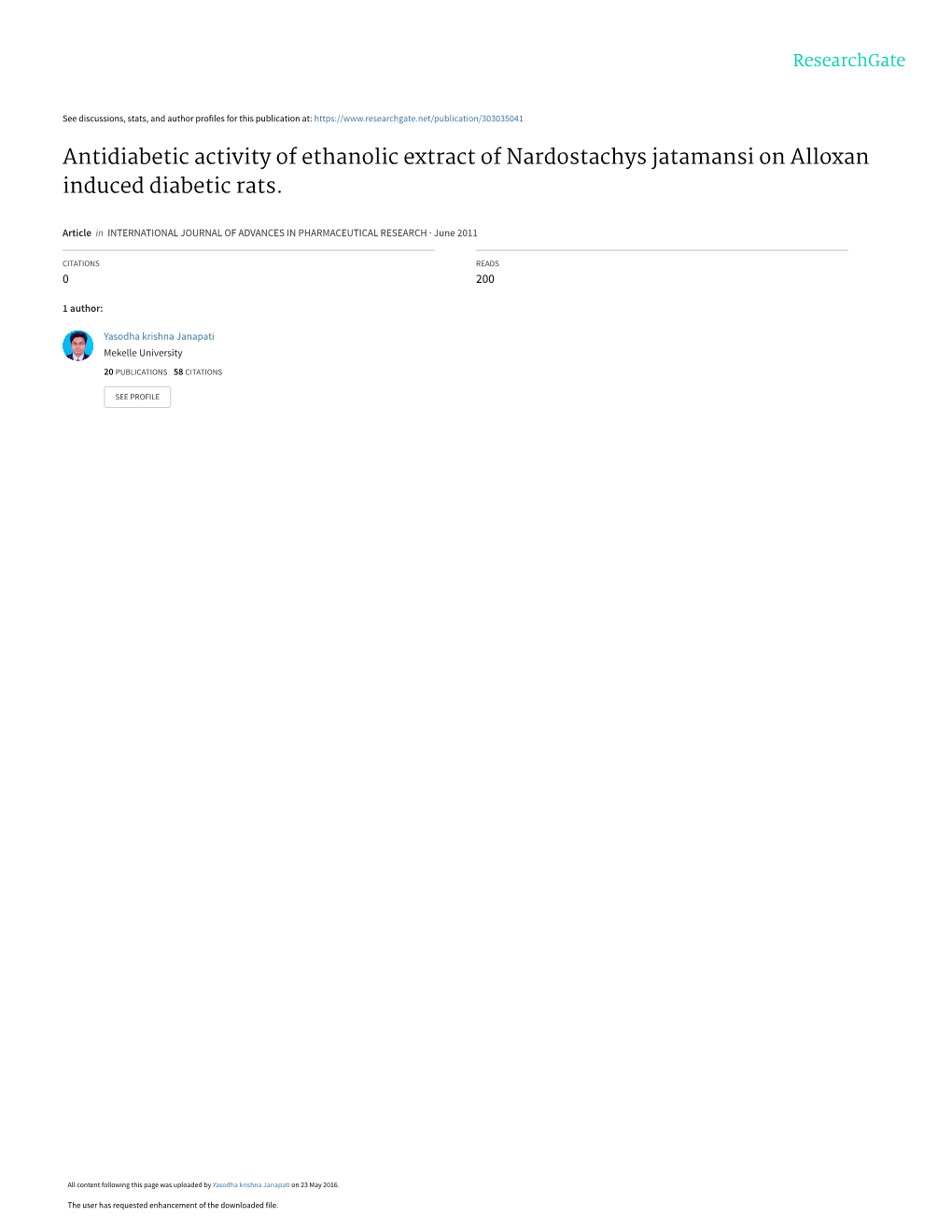 Antidiabetic Activity of Ethanolic Extract of Nardostachys Jatamansi on Alloxan Induced Diabetic Rats