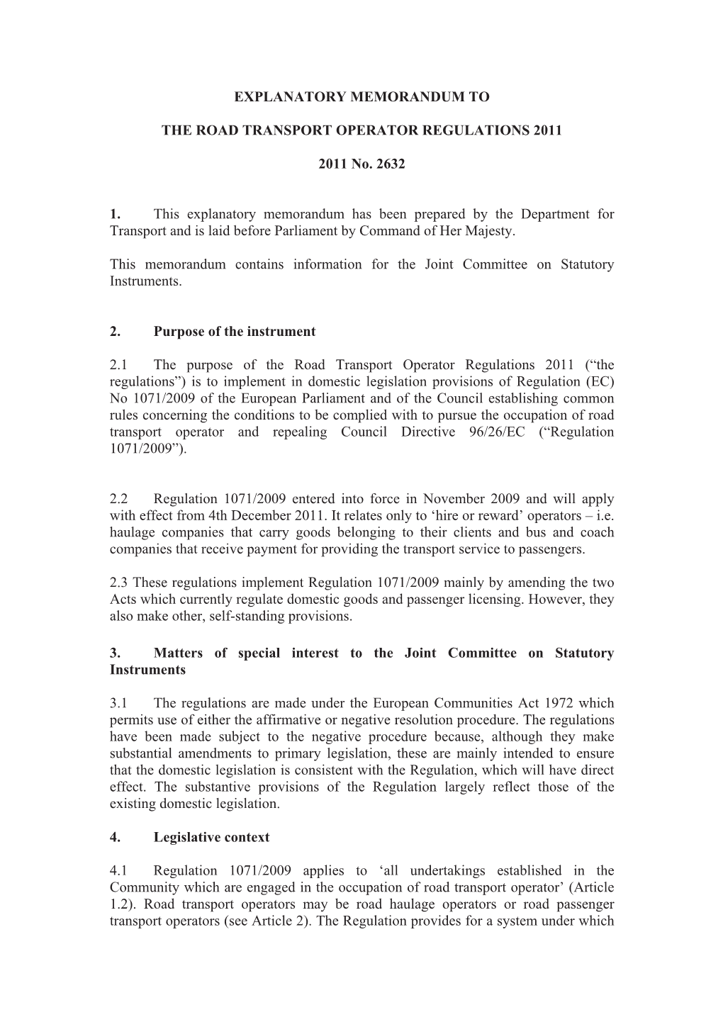 Explanatory Memorandum to the Road Transport