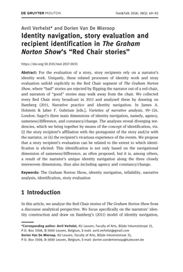 Identity Navigation, Story Evaluation and Recipient Identification in the Graham Norton Show’S “Red Chair Stories”