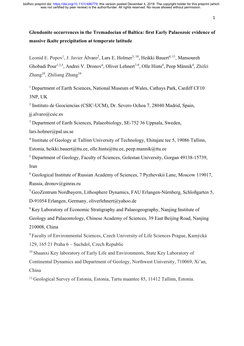 Glendonite Occurrences in the Tremadocian of Baltica: First Early Palaeozoic Evidence of Massive Ikaite Precipitation at Temperate Latitude