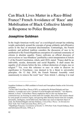 Can Black Lives Matter in a Race-Blind France? French Avoidance of ‘Race’ and Mobilisation of Black Collective Identity in Response to Police Brutality