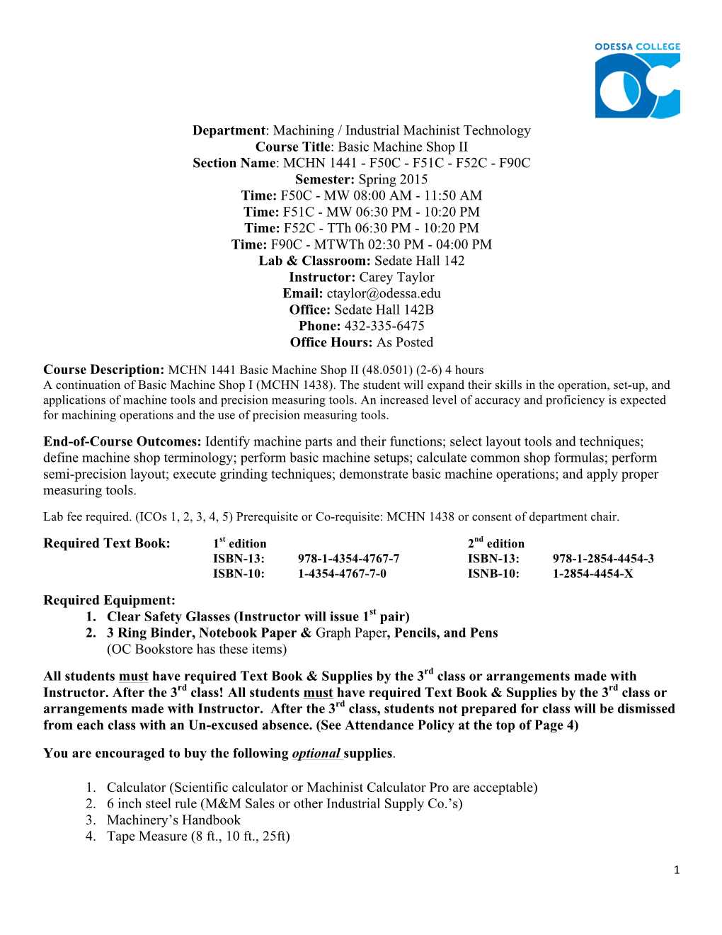 SYLLABUS MCHN 1441 Basic Machine II 15 SP