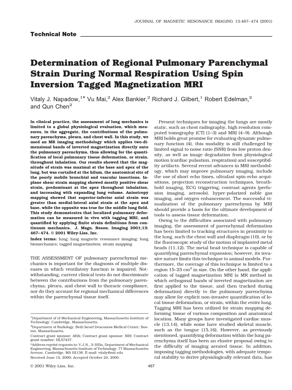 Determination of Regional Pulmonary Parenchymal Strain During Normal Respiration Using Spin Inversion Tagged Magnetization MRI