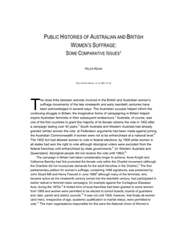 Public Histories of Australian and British Women’S Suffrage: Some Comparative Issues1