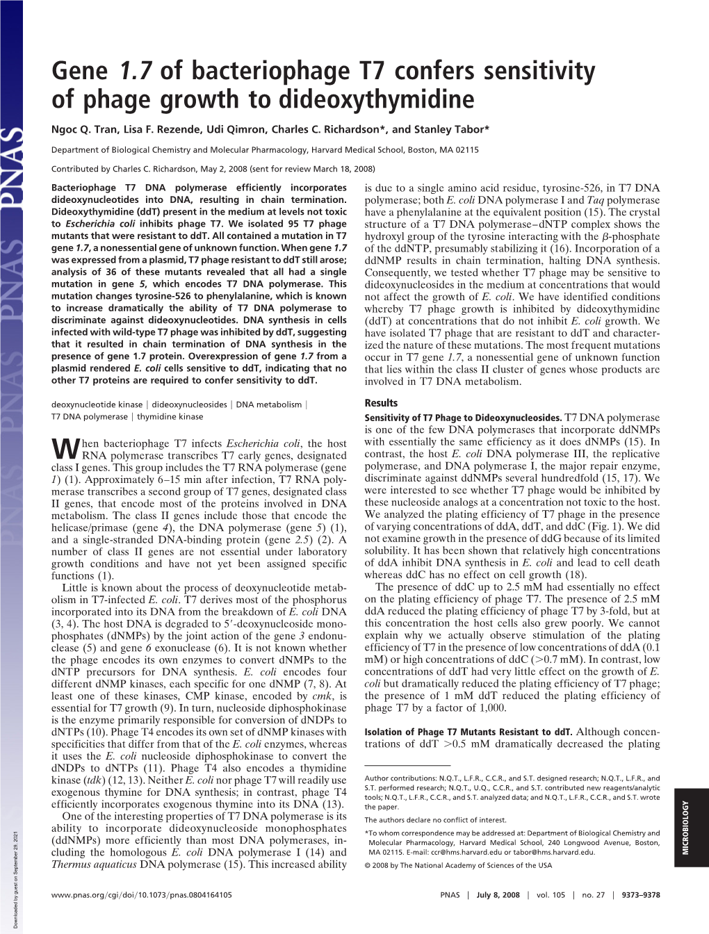 Gene 1.7 of Bacteriophage T7 Confers Sensitivity of Phage Growth to Dideoxythymidine