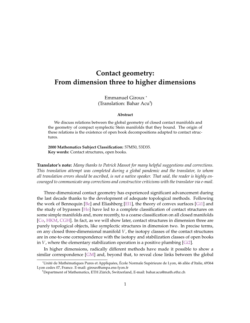 Contact Geometry: from Dimension Three to Higher Dimensions