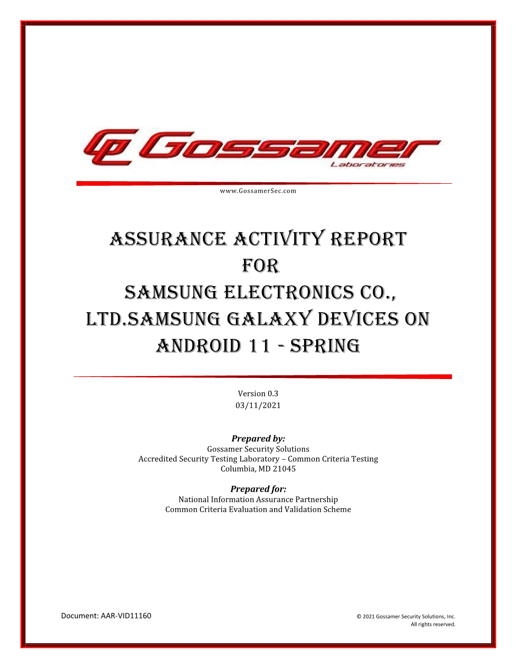 Assurance Activity Report for Samsung Electronics Co., Ltd.Samsung Galaxy Devices on Android 11 - Spring