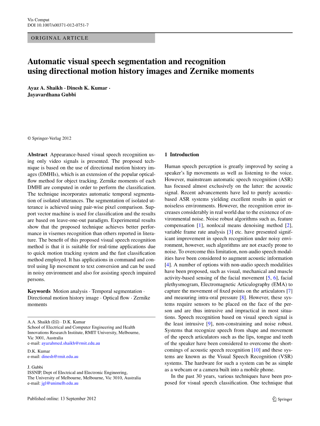 Automatic Visual Speech Segmentation and Recognition Using Directional Motion History Images and Zernike Moments