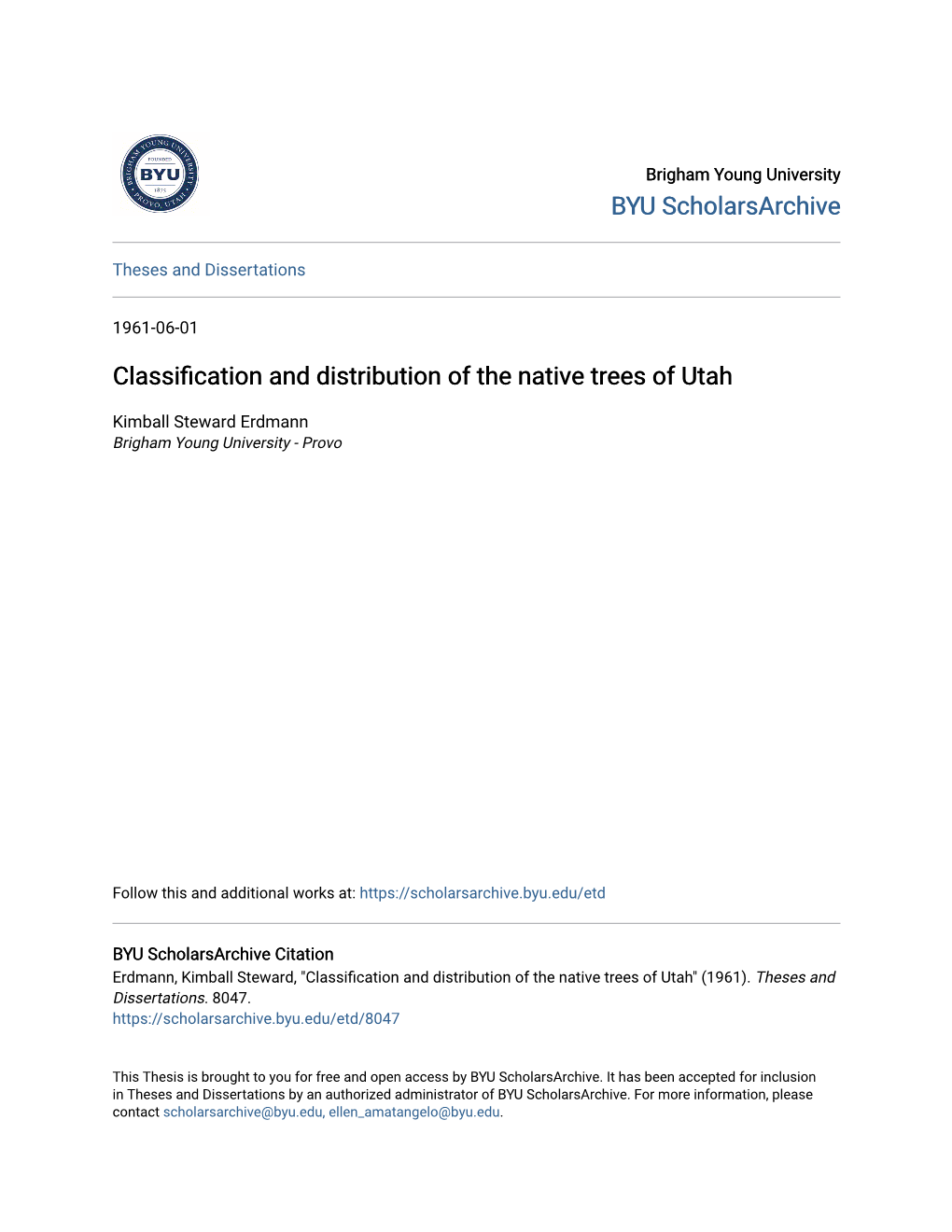 Classification and Distribution of the Native Trees of Utah