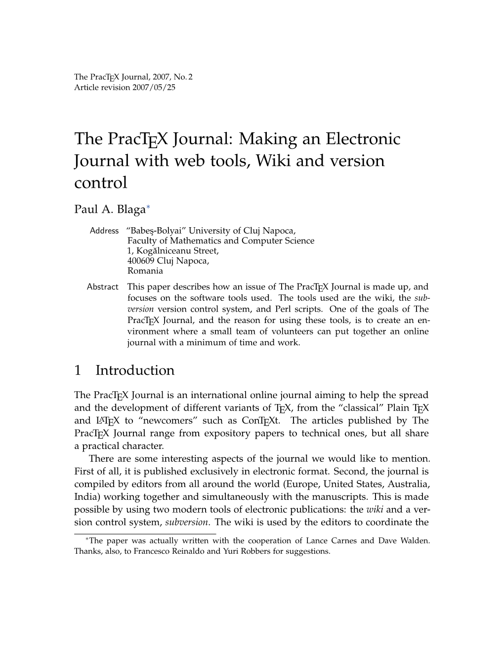 The Practex Journal: Making an Electronic Journal with Web Tools, Wiki and Version Control Paul A