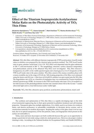 Effect of the Titanium Isopropoxide:Acetylacetone Molar Ratio on the Photocatalytic Activity of Tio2 Thin Films